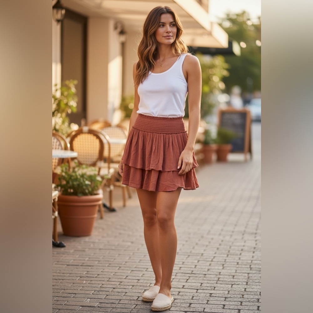 Hollister Tiered Ruffle Mini Skirt in Rust Size L